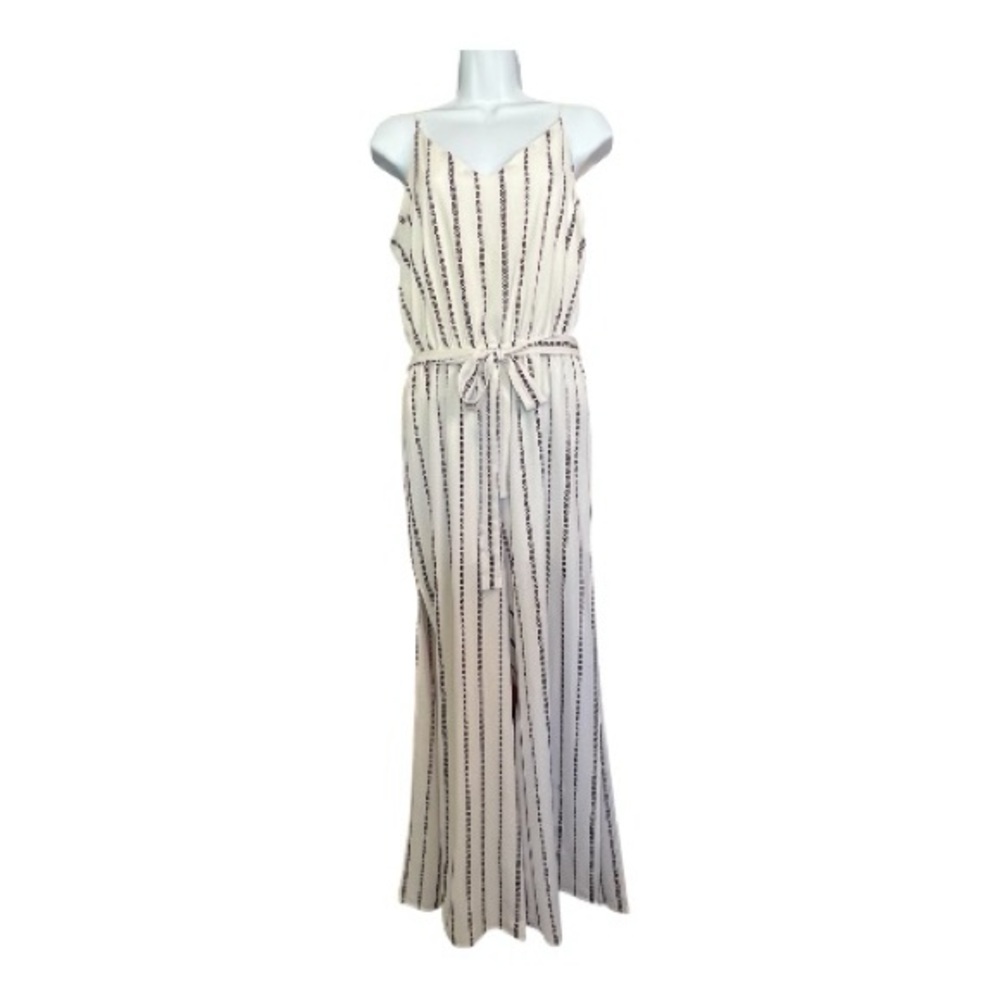 EUC One Clothing ivory & brown striped wide leg jumpsuit w/ belt | size large - Picture 3 of 12